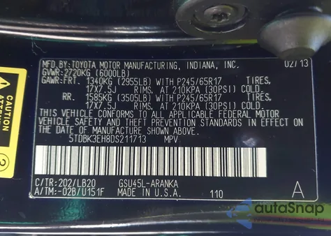 2013 Toyota Highlander Se V6 z USA, uszkodzony, nr VIN 5TDBK3EH8DS211713